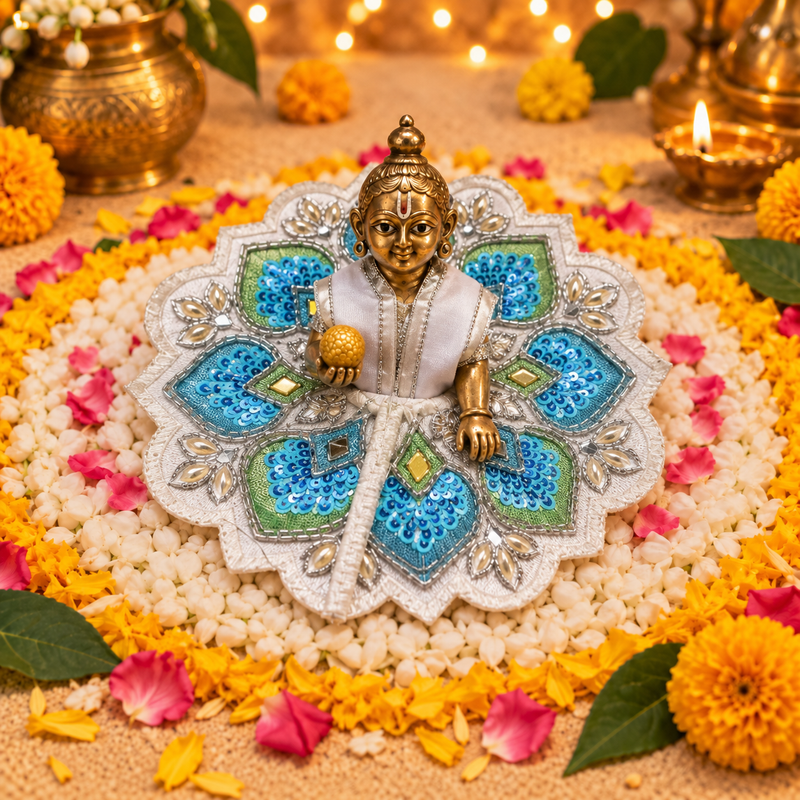 Aqua Silver Floral Mirror Laddu Gopal Poshak – Size 3 – Front View