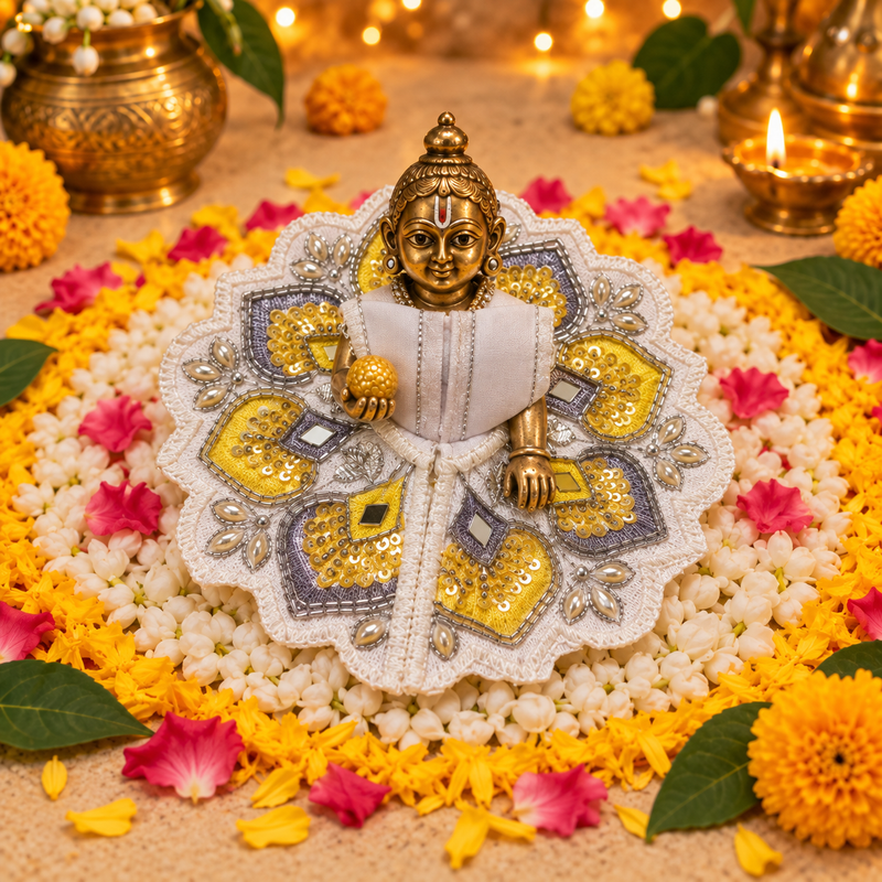 Lemon Silver Floral Mirror Laddu Gopal Poshak – Size 3 – Front View