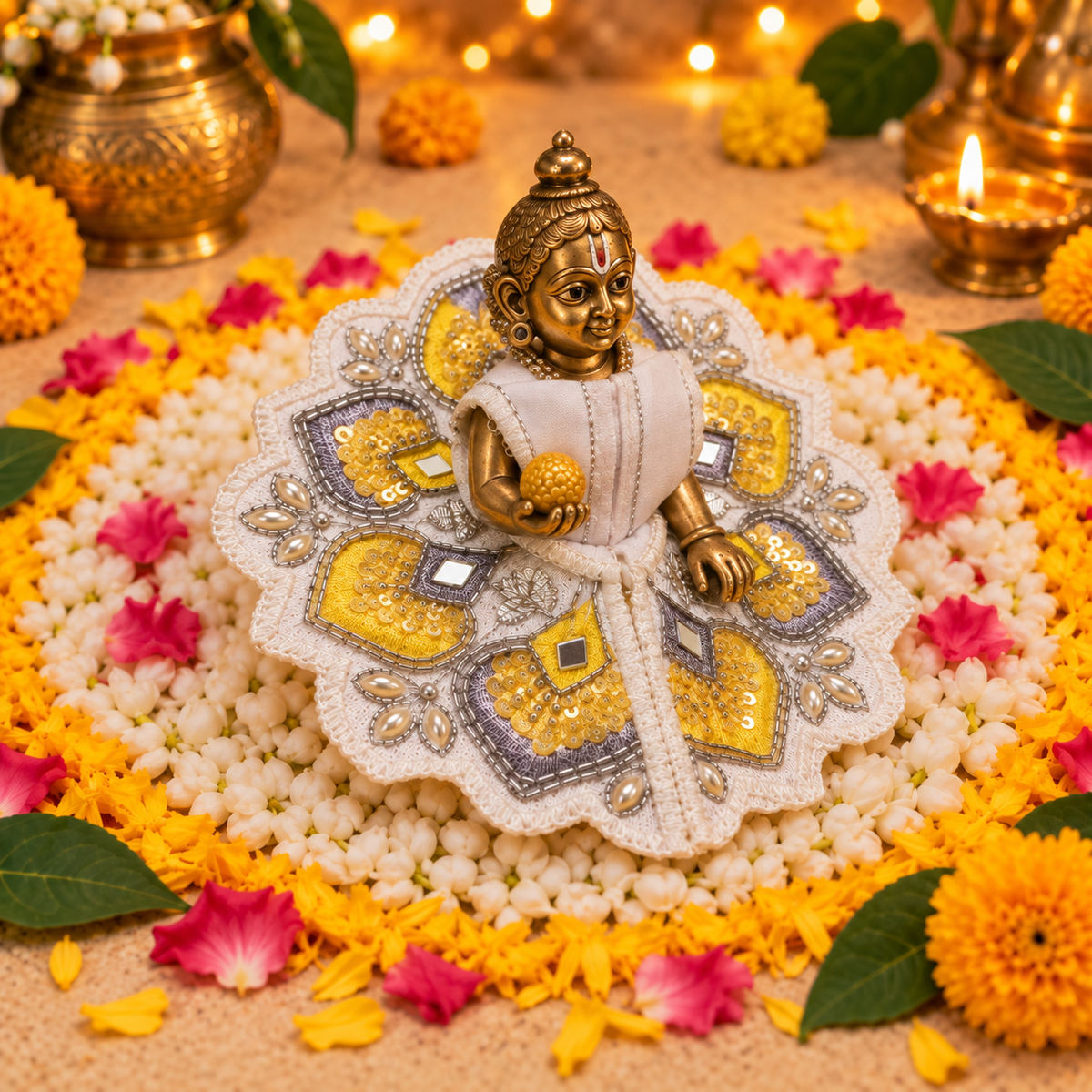 Lemon Silver Floral Mirror Laddu Gopal Poshak – Size 3 – Three-Quarter View