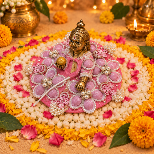 Blush Purple Floral Pearl Laddu Gopal Poshak – Size 3 – Three-Quarter View