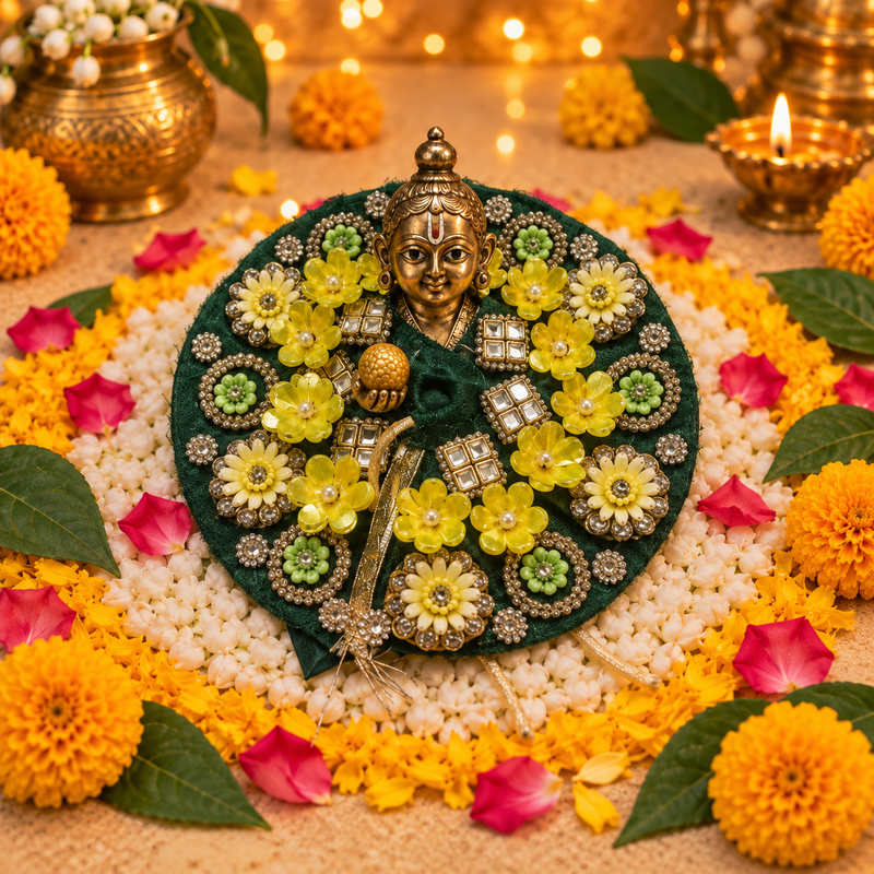 Black Yellow Floral Crystal Laddu Gopal Poshak – Size 3 – Front View
