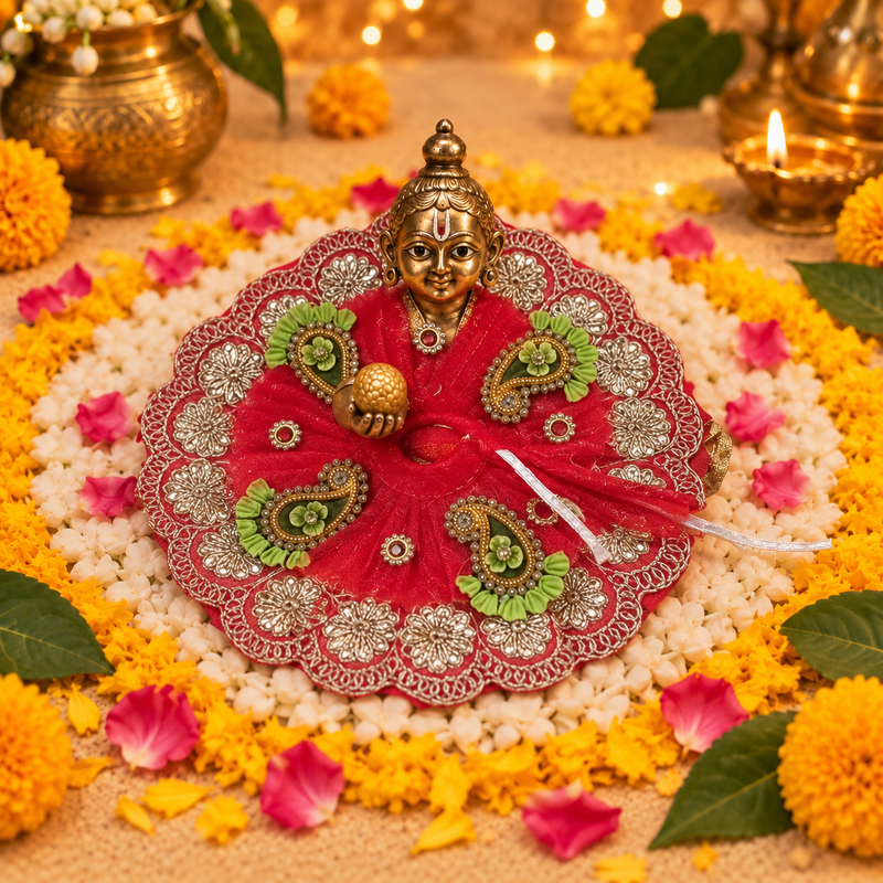 Ruby Green Floral Zardozi Laddu Gopal Poshak – Size 3 – Front View