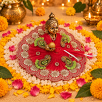 Ruby Green Floral Zardozi Laddu Gopal Poshak – Size 3 – Three-Quarter View