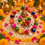 Multicolour Pom-Pom Pearl Halo Laddu Gopal Poshak – Size 3 – Three-Quarter View