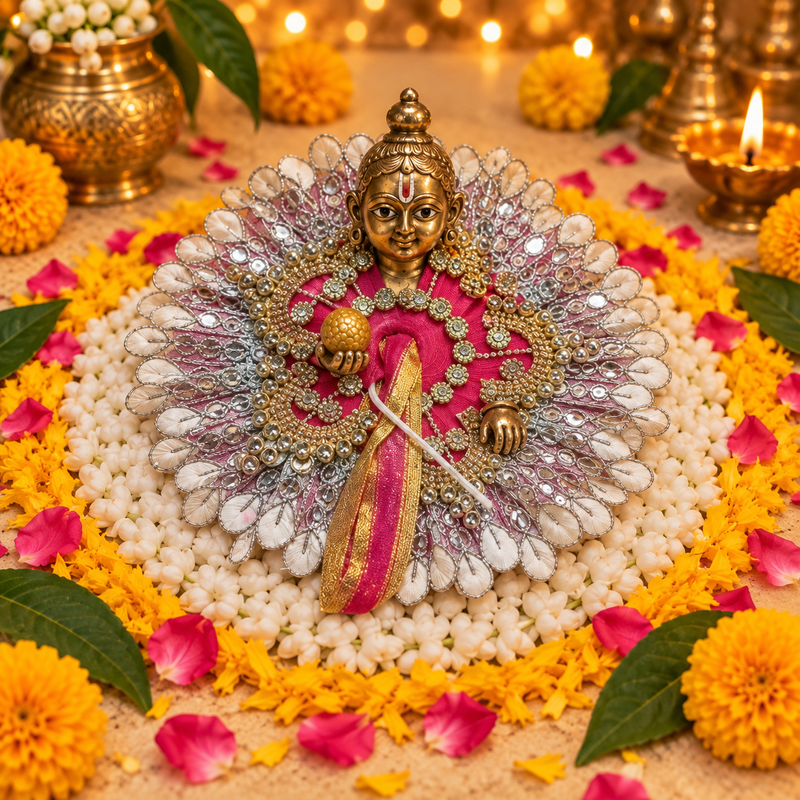 Silver Pink Pearl Floral Laddu Gopal Poshak – Size 3 – Front View