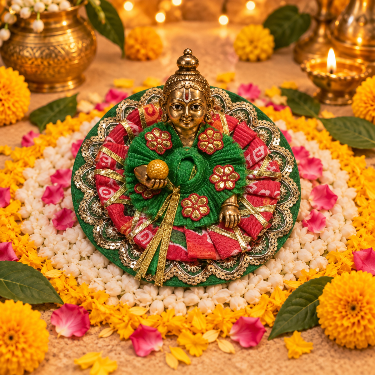 Hariyali Red Floral Mirror Laddu Gopal Poshak – Size 3 – Front View