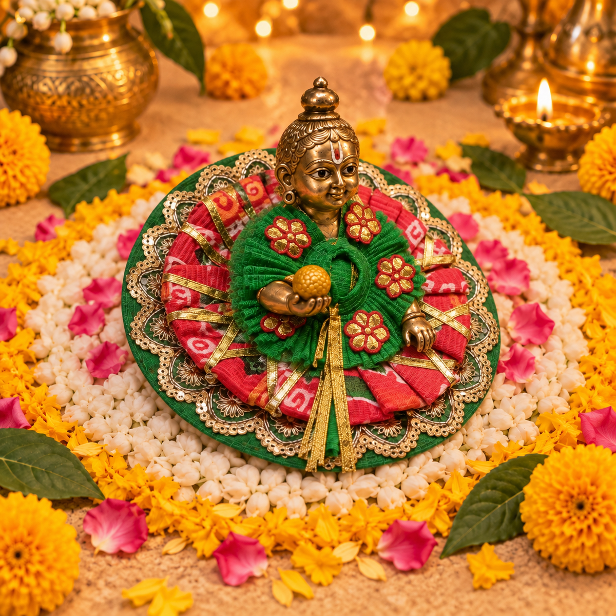 Hariyali Red Floral Mirror Laddu Gopal Poshak – Size 3 – Three-Quarter View