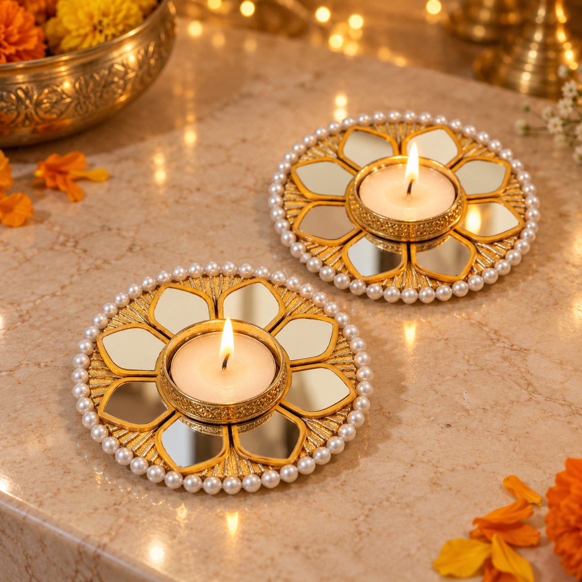 gold mirror pearl tea light holder pair, festive angle 1
