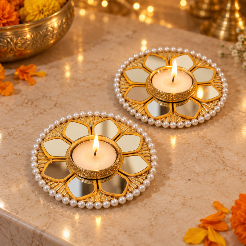 gold mirror pearl tea light holder pair, festive angle 1