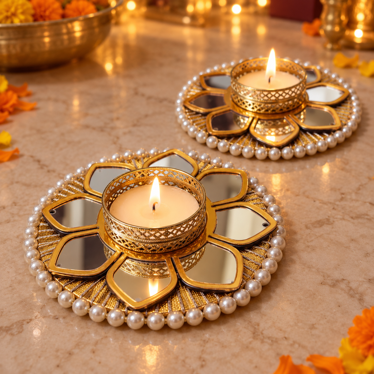 gold mirror pearl tea light holder pair, festive angle 2