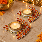 orange gem leaf tea light holder pair, festive angle 2