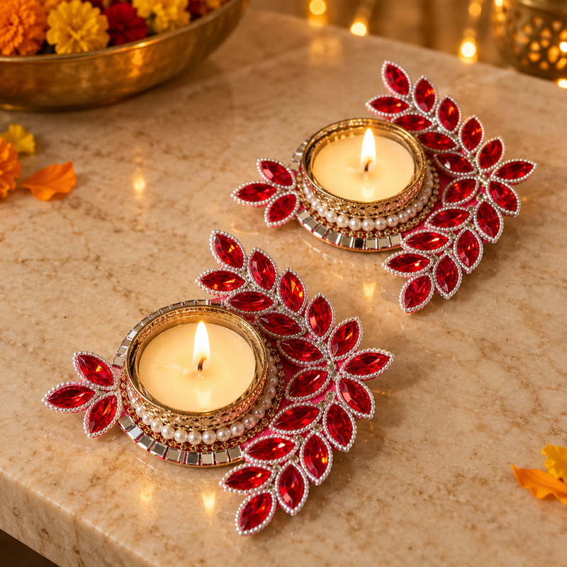 red gem leaf tea light holder pair, festive angle 1