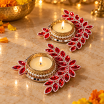 red gem leaf tea light holder pair, festive angle 2