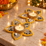 yellow mirror flower tea light holder pair, festive angle 2